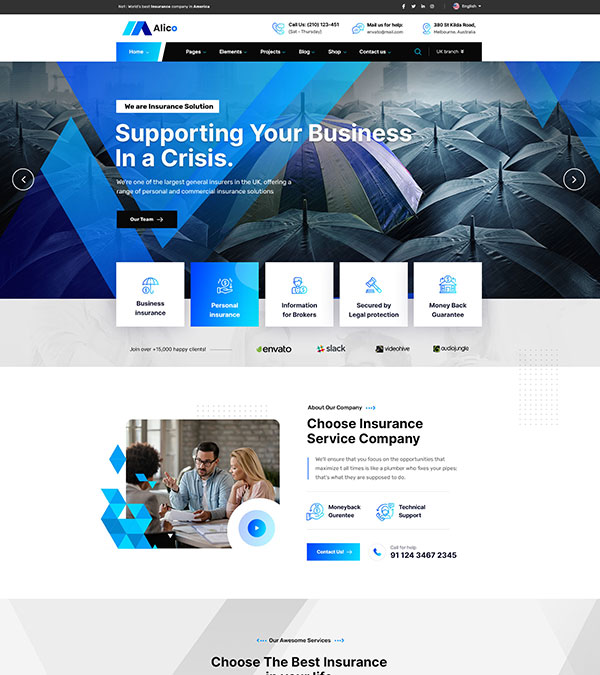 Screenshot of the Alico insurance website homepage, with a top navigation bar and a blue hero banner over a sea of black umbrellas reading "Supporting Your Business In a Crisis," followed by five insurance service cards, partner logos, and an "About Our Company" section with a photo of three people at a table and a "Choose Insurance Service Company" heading.